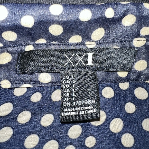 Navy Open Shoulder Button Down Blouse w/ Cream Polkadots - Picture 11 of 12